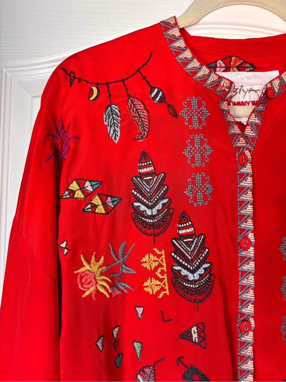 Johnny Was Byia Silk Button-Down Tunic Red women’s small oversized embroidered - Picture 5 of 12